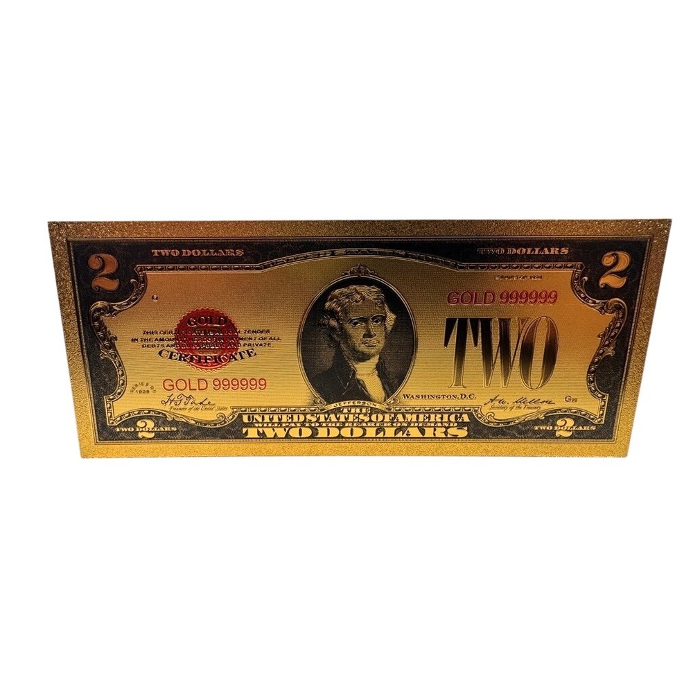 24K Gold Foil 2 Dollar Bill Replica Series 1928 Thomas Jefferson Monticello Note